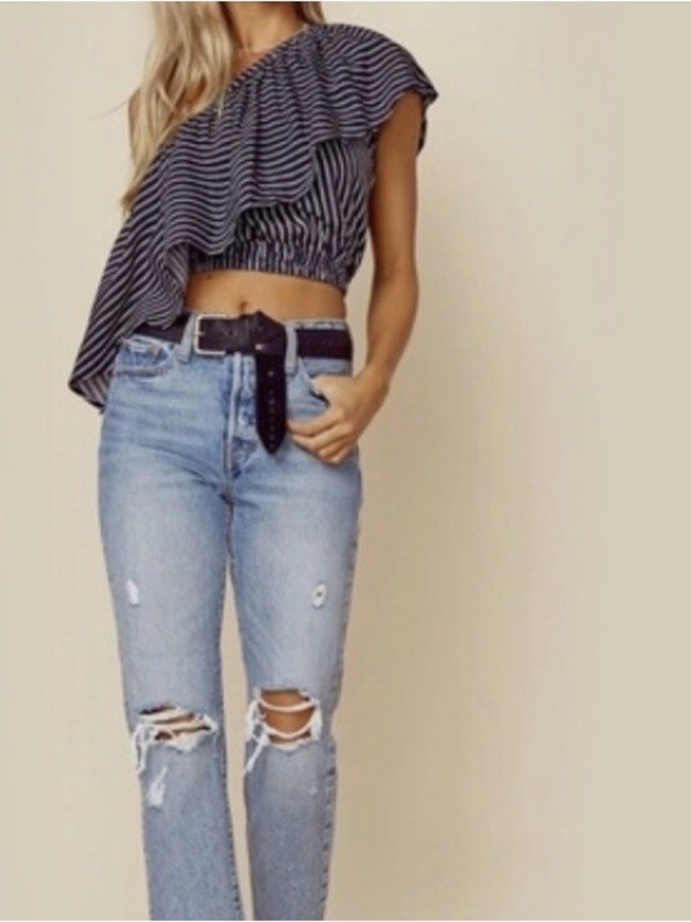 Faithfull the Brand Black and White Striped One-Shoulder Crop Top